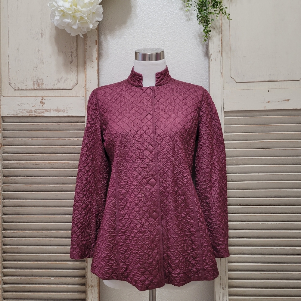 Eileen Fisher 100% tussah silk magnetic snap button jacket, burgundy size PP - Picture 1 of 14